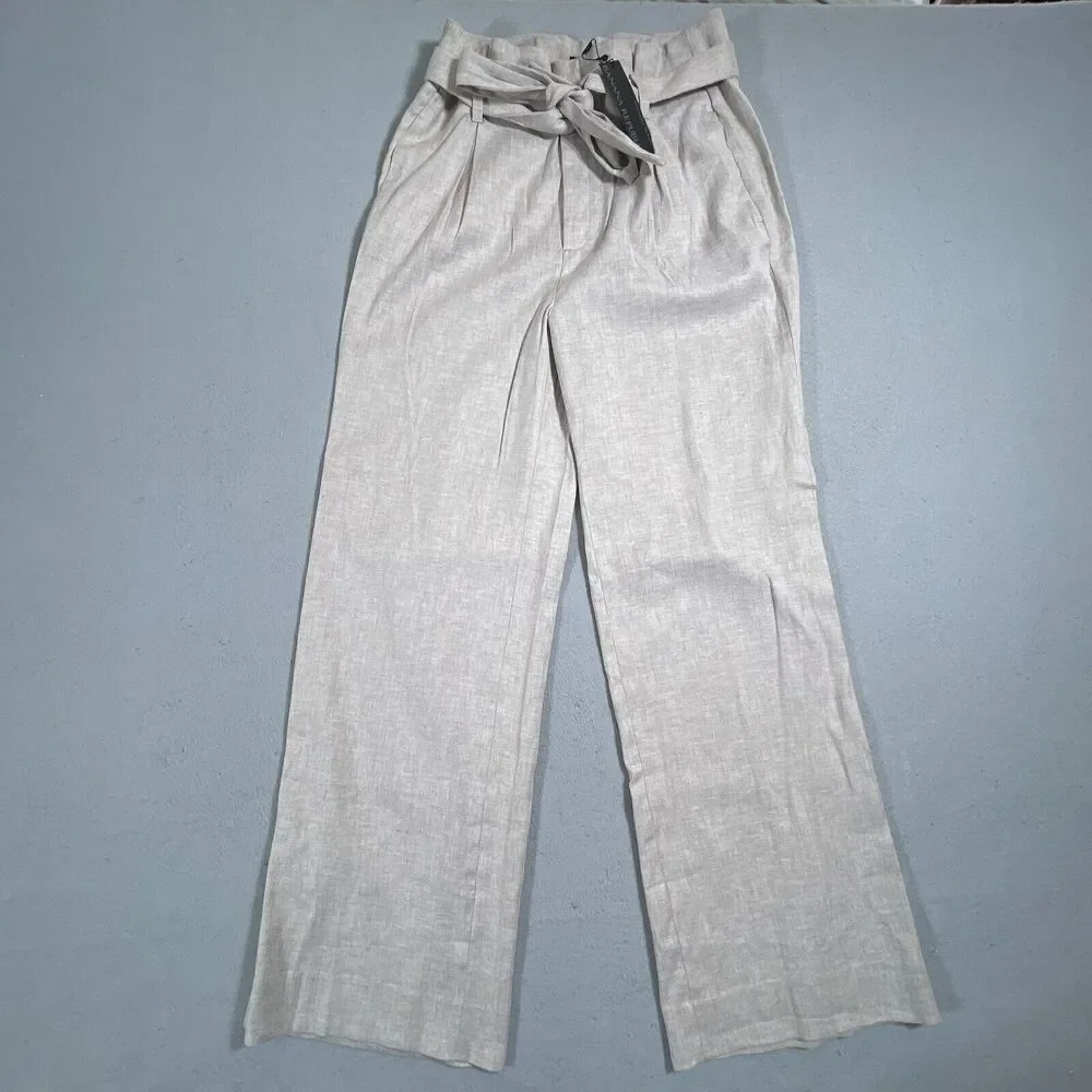 Banana Republic Wide Leg Pants Women 8 High Rise Tie Waist‎ Beige Quiet Luxury